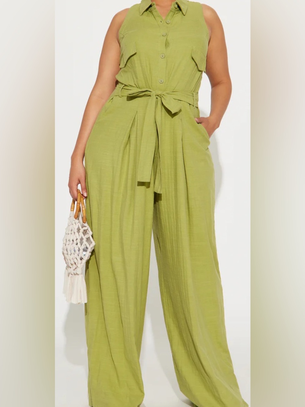 Women’s Lime Green Wide-Leg Jumpsuit with Tie Waist